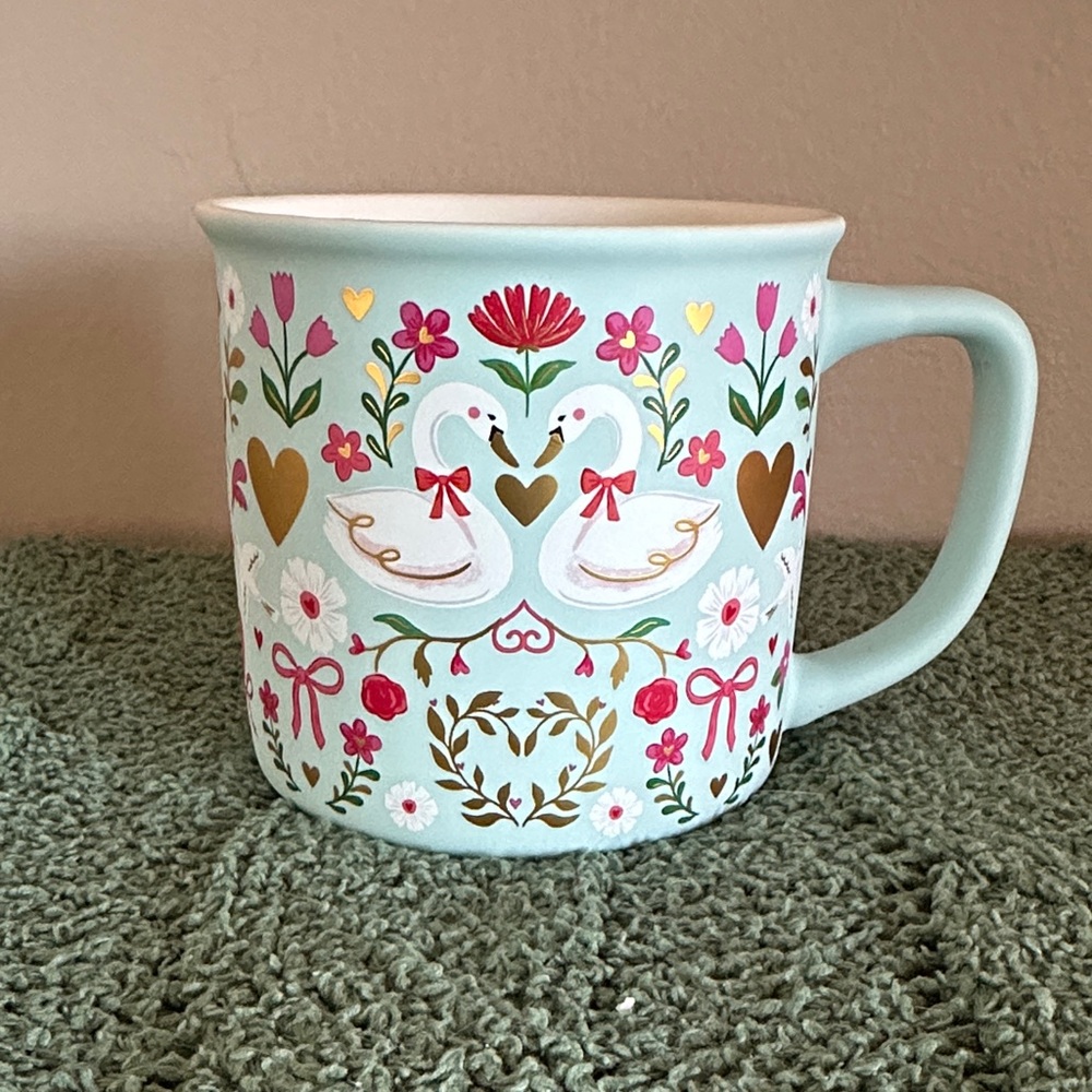 Charming Valentine Soft Touch Mug Turquoise Swan Red Bow NEW!